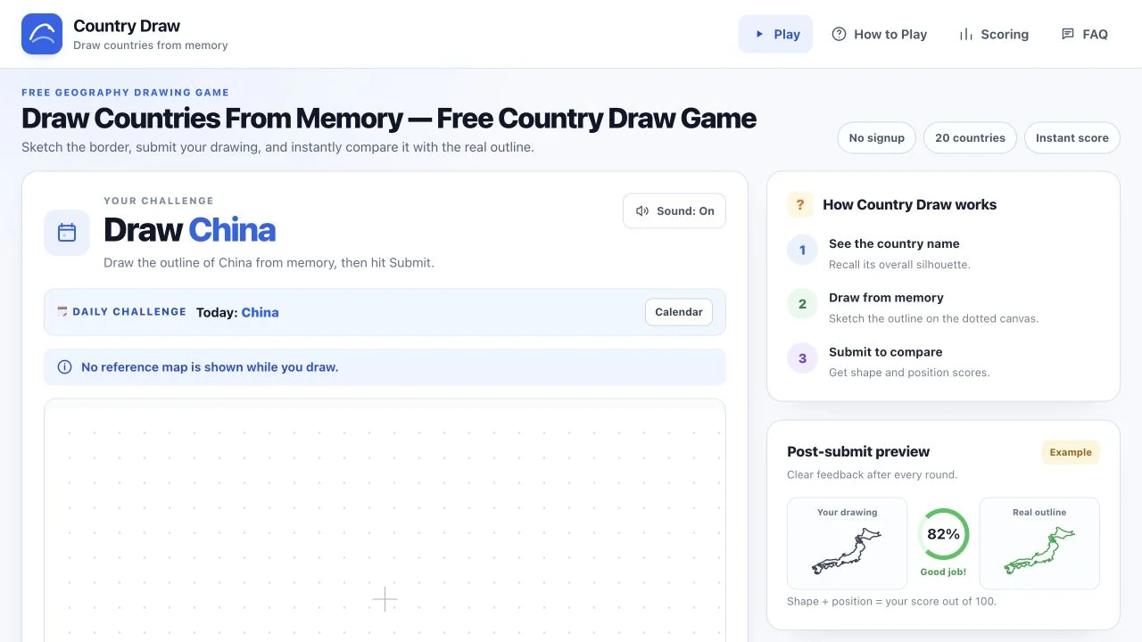 Country Draw (countrydraw.best) — daily country target on an untimed dotted drawing canvas