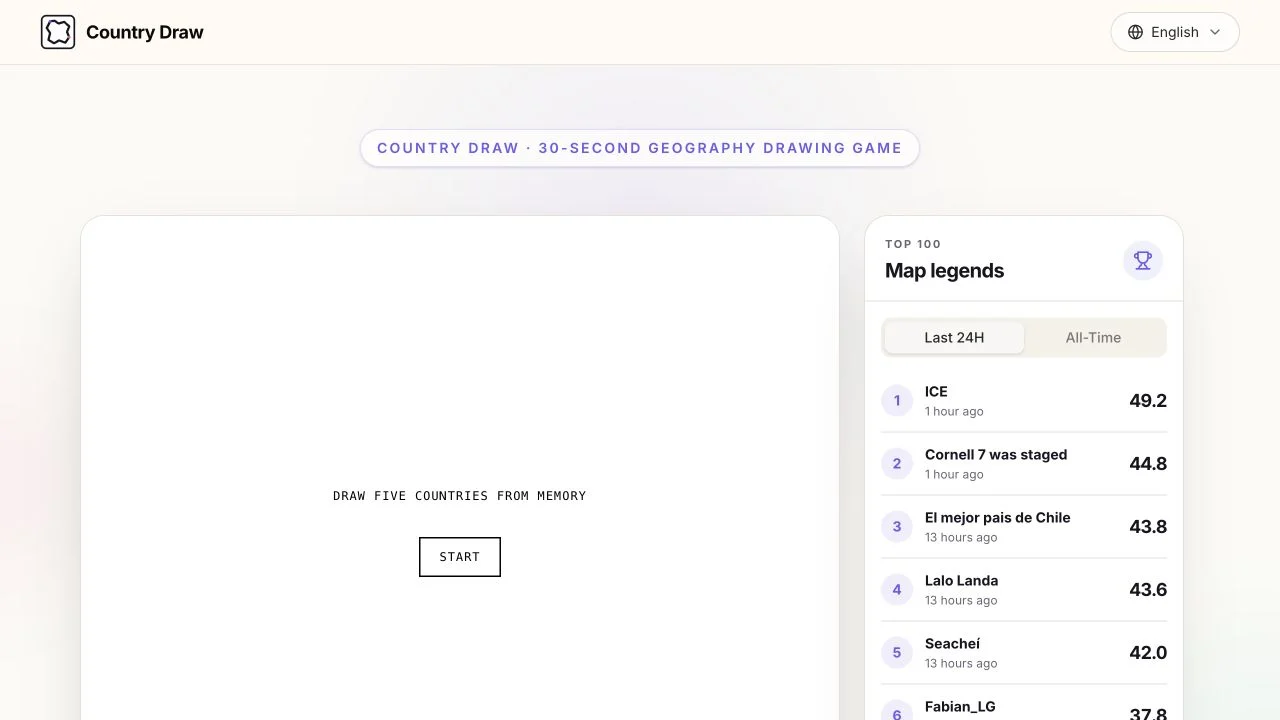 Country Draw (countrydraw.app) — five-country timed-set introduction and optional leaderboard menu
