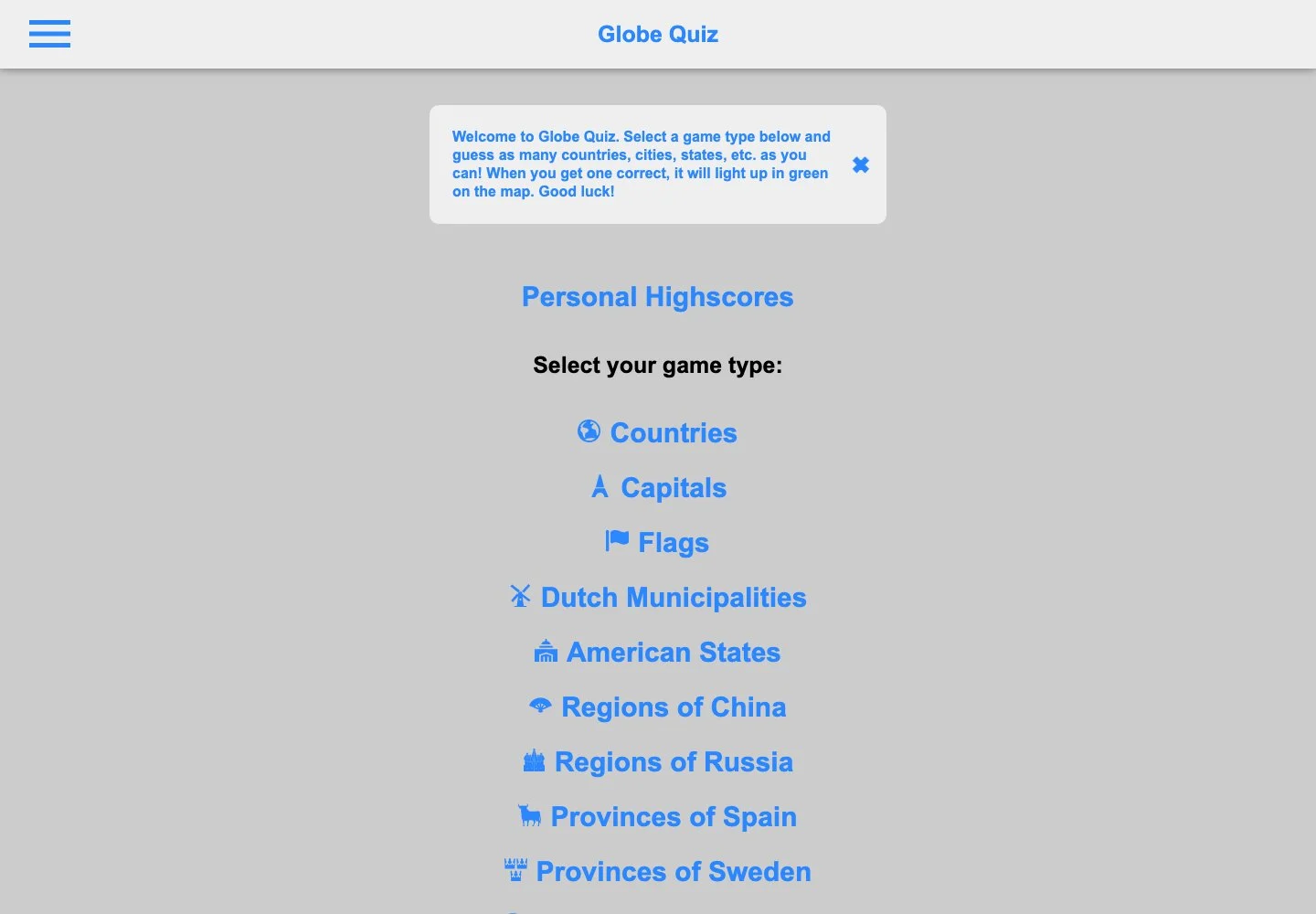 Globe Quiz — public game interface or activity-selection entry for globe quiz