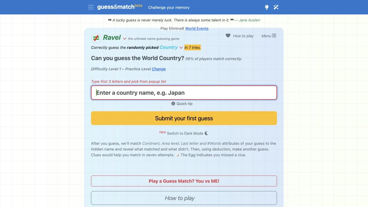 GuessAndMatch Ravel — world-country ravel puzzle and hint fields