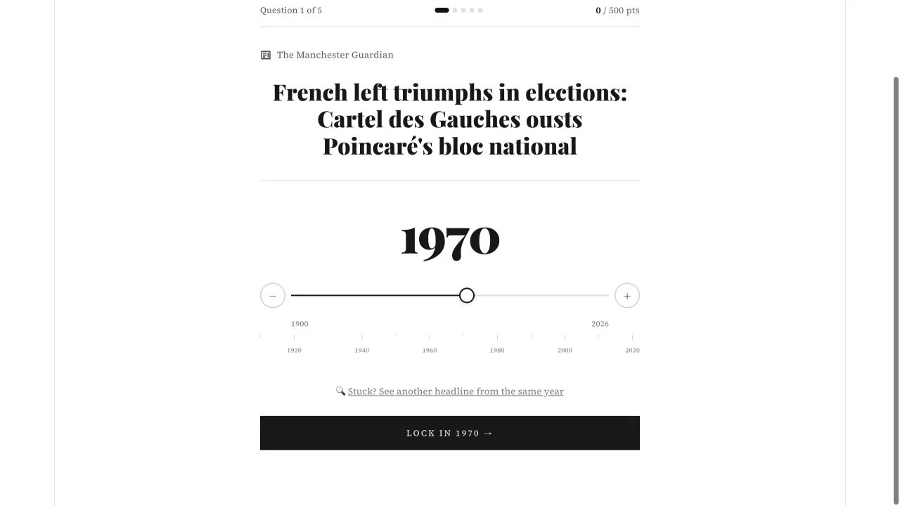Headlines — daily headline question with year slider and hint control