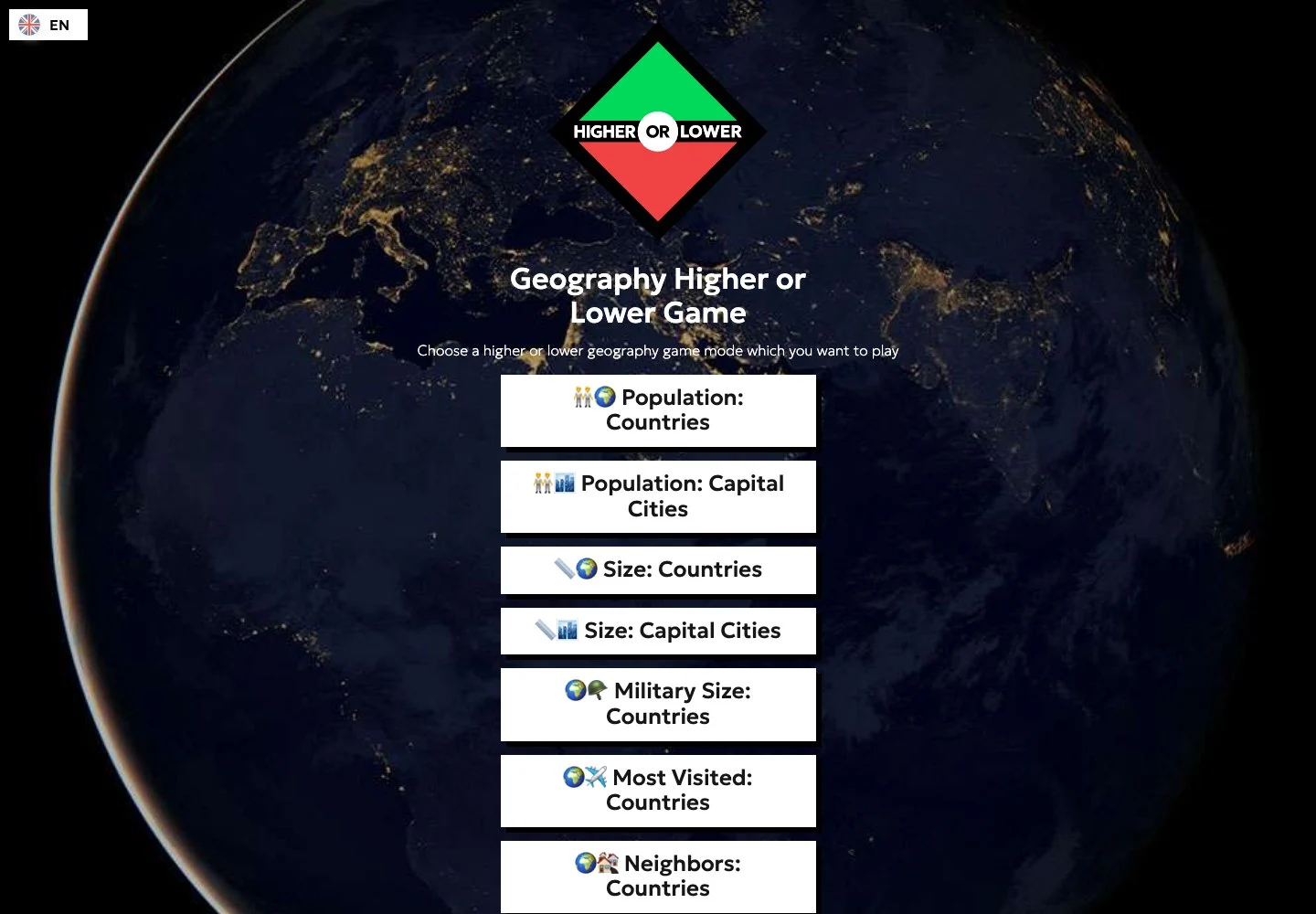 Higher or Lower Geography — public game interface or activity-selection entry for higher or lower geography