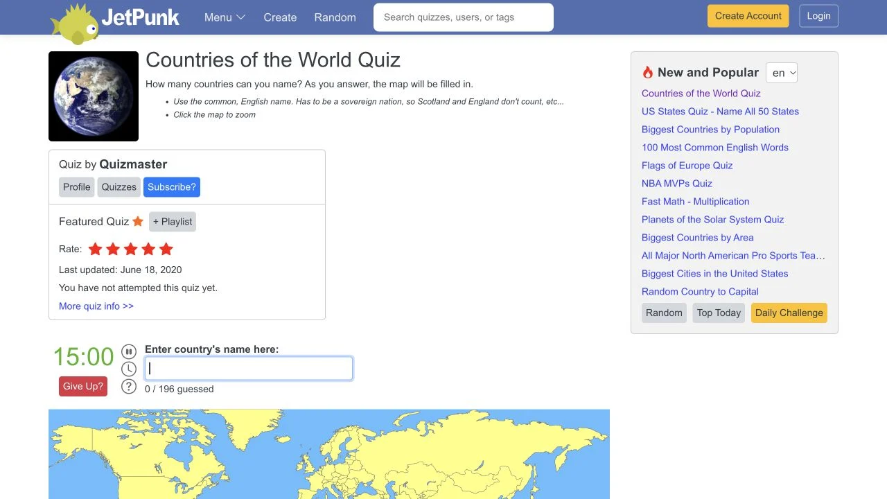 JetPunk Geography — countries of the world quiz with the 15-minute timer, answer field and blank map