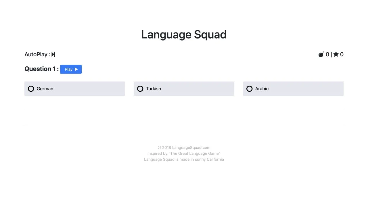 Language Squad — beginner audio question and three language choices