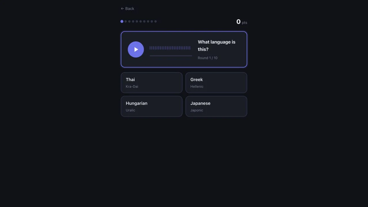 Language Matcher — audio playback and four-language answer choices