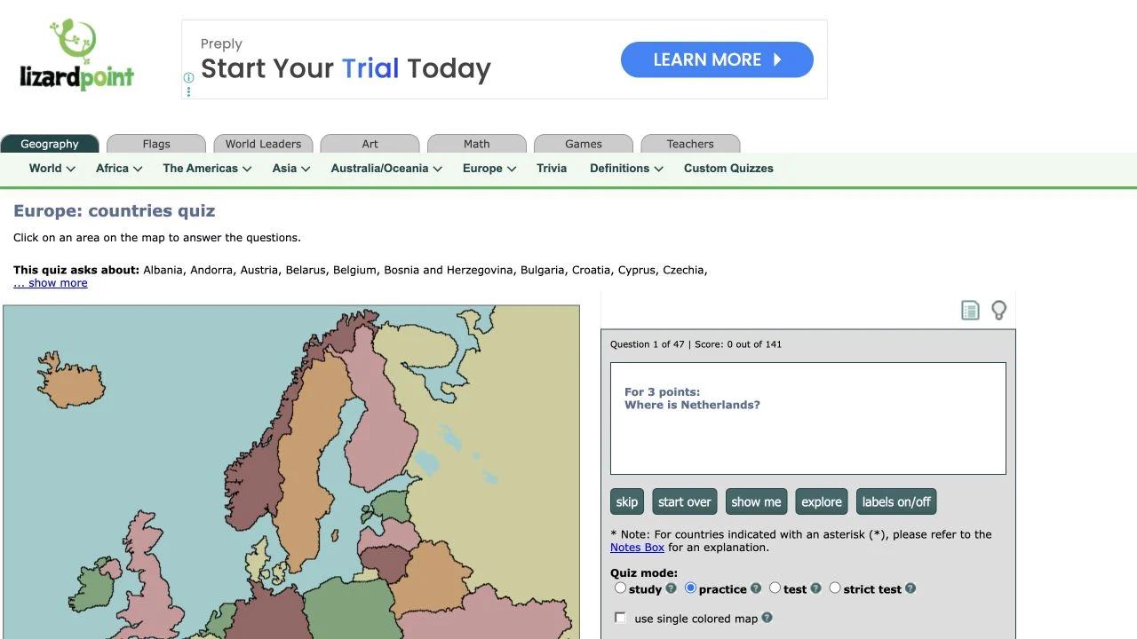 Lizard Point Geography — europe country map with location prompts and study, practice and test controls