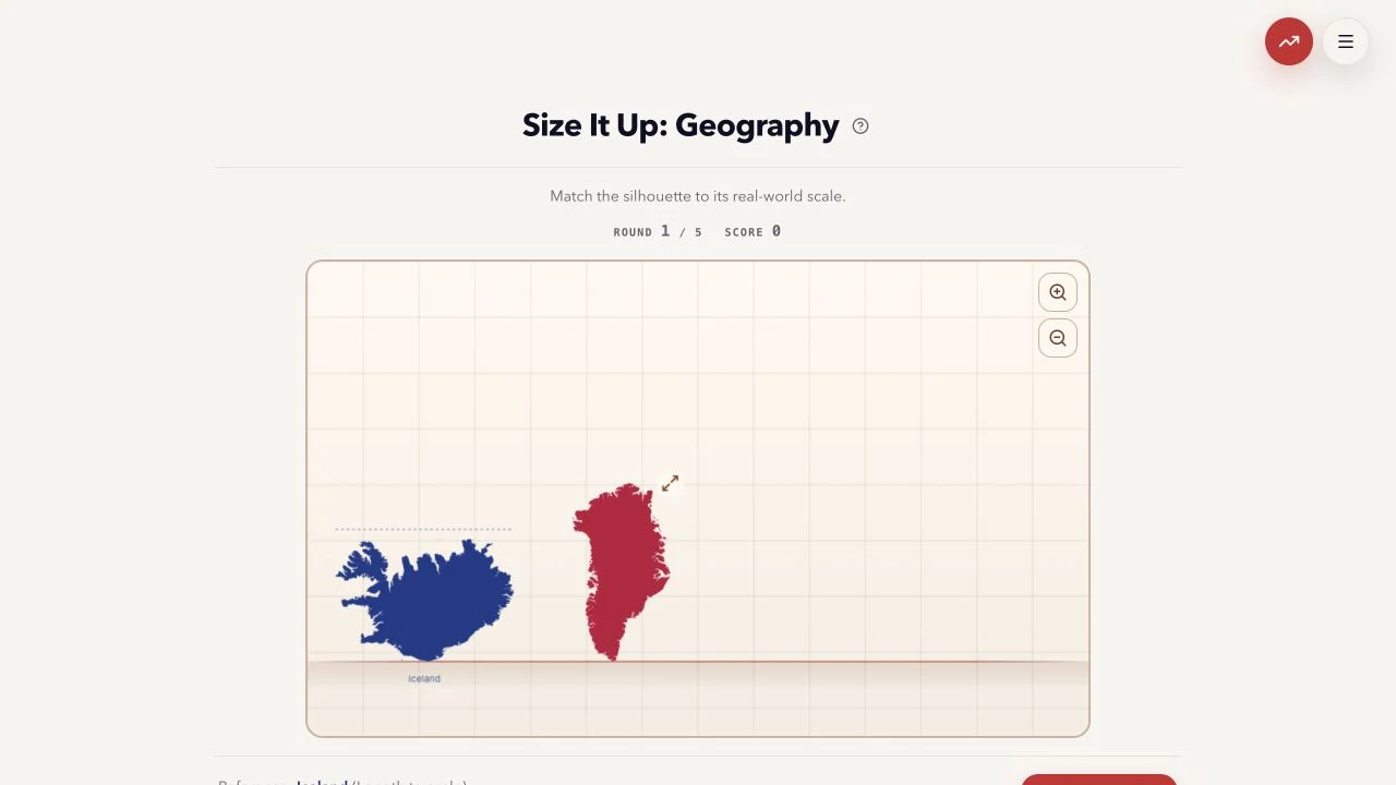 Magnitudle — size it up geography board comparing greenland height with an iceland length reference