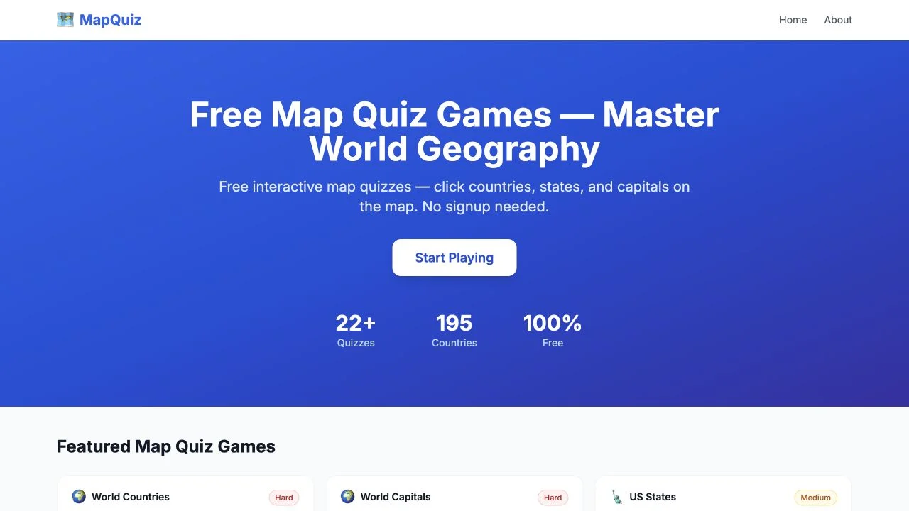MapQuiz — free map-quiz catalog with regional sets, difficulty labels and question counts