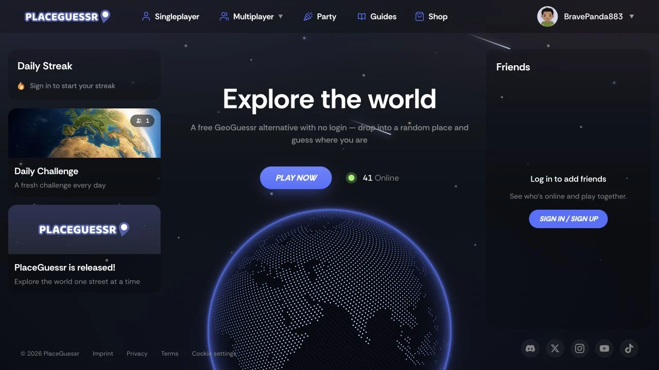 PlaceGuessr — public solo, multiplayer and party navigation with guest-play and account-feature descriptions