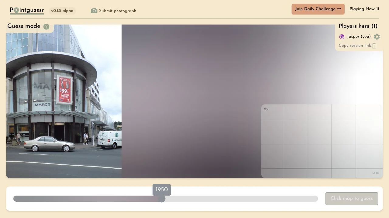 Pointguessr — alpha photo and year interface; map and guess controls incomplete