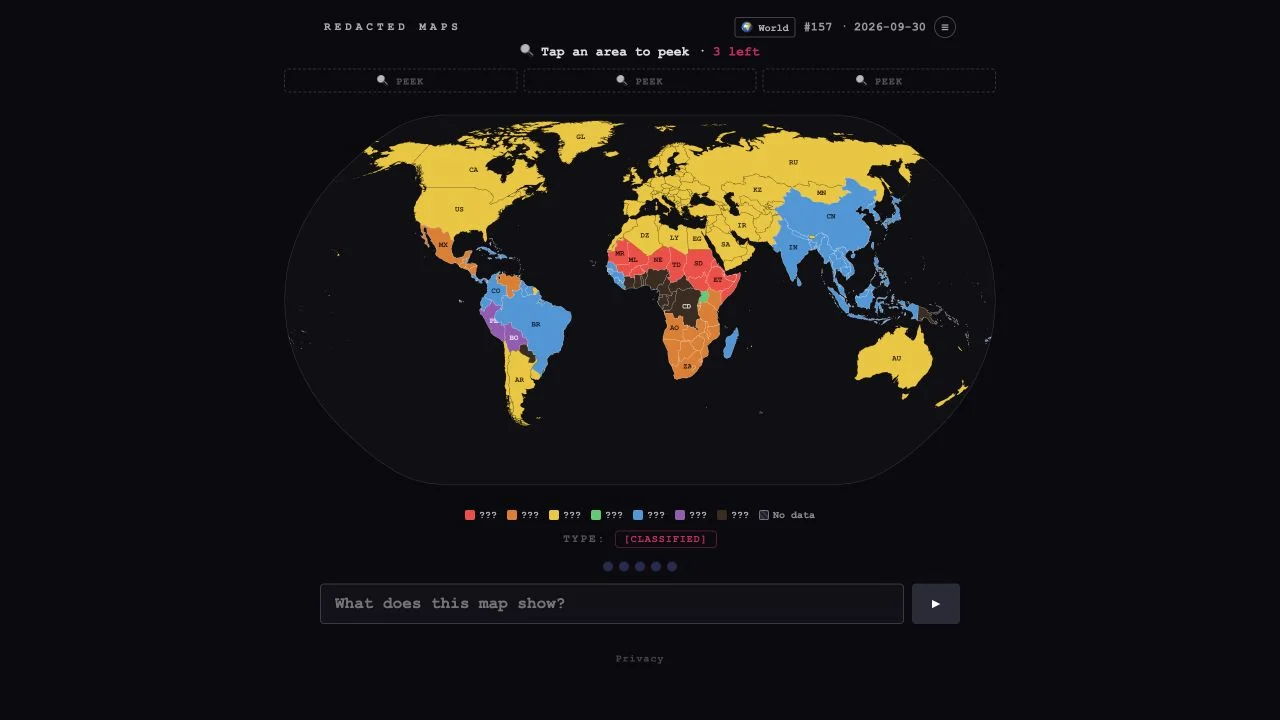 Redacted Maps — thematic world map with three available peeks and a hidden metric input
