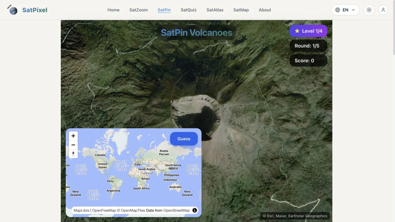 SatPin — satpin volcanoes satellite crater scene with level progress, map and guess control