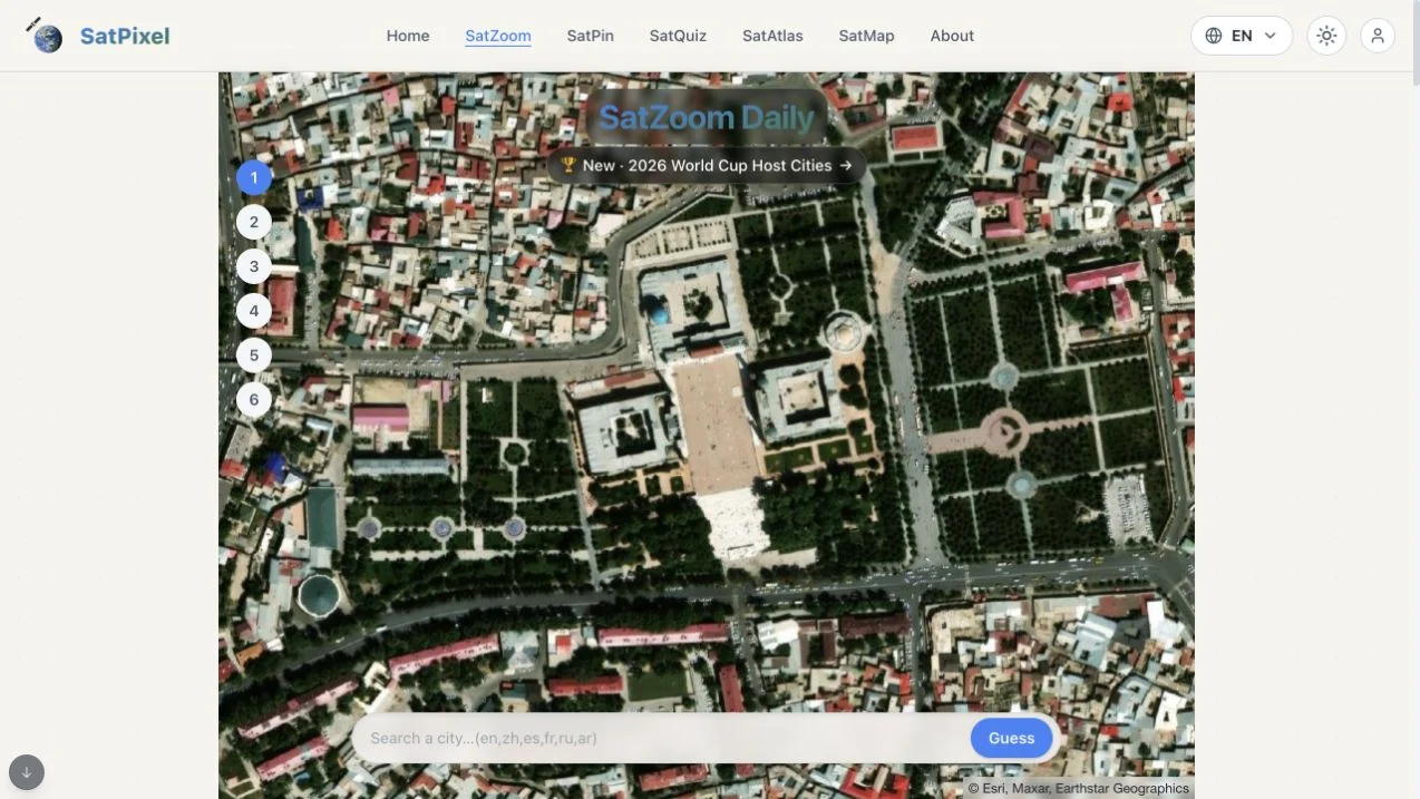 SatPixel — english satzoom daily satellite map, city search and six guess positions