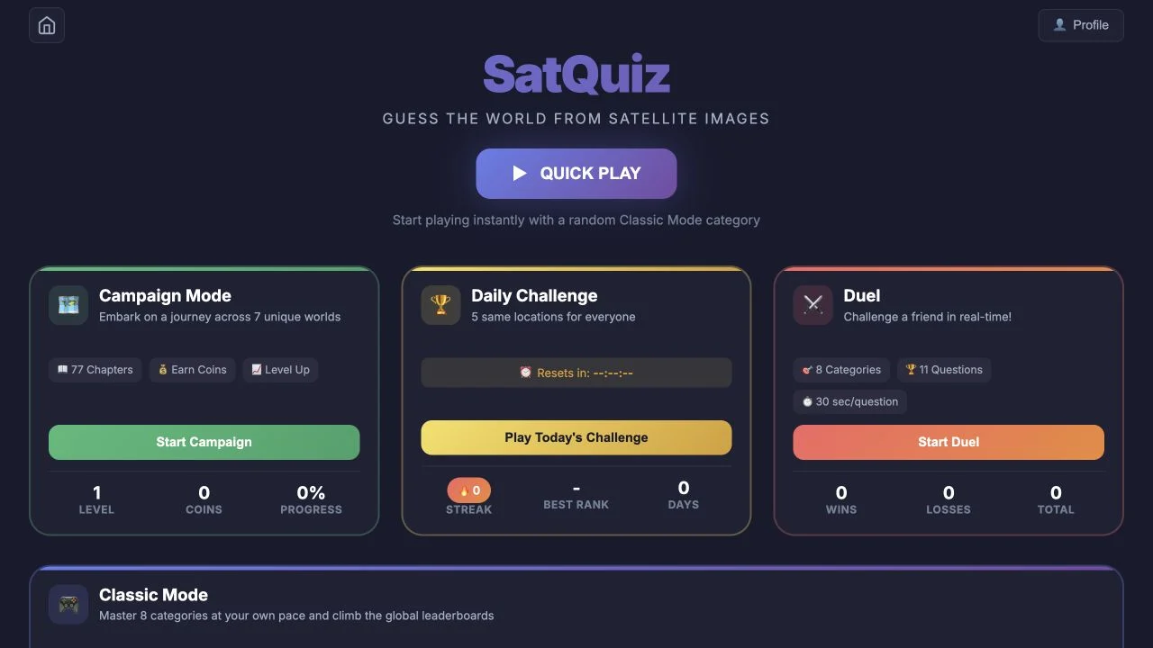 SatQuiz — loaded satellite-game menu with classic categories and daily, campaign or duel descriptions