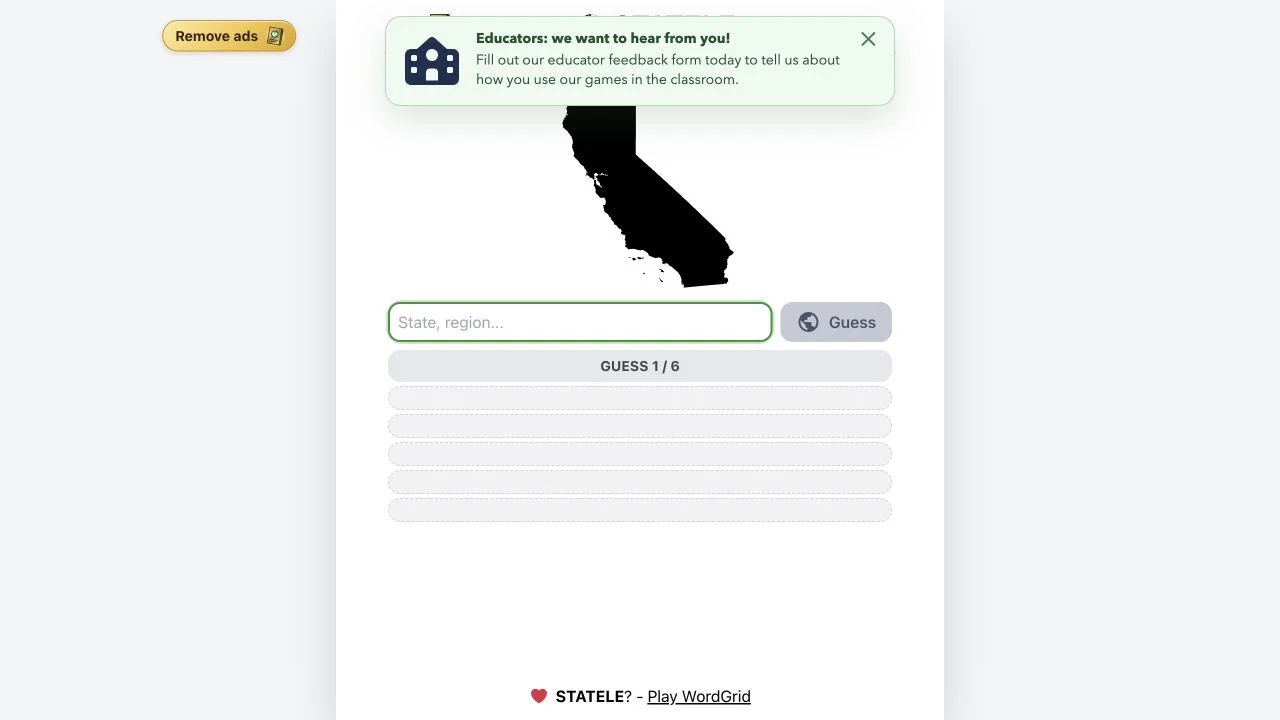 Statele — daily u.s. state silhouette and six-guess search interface