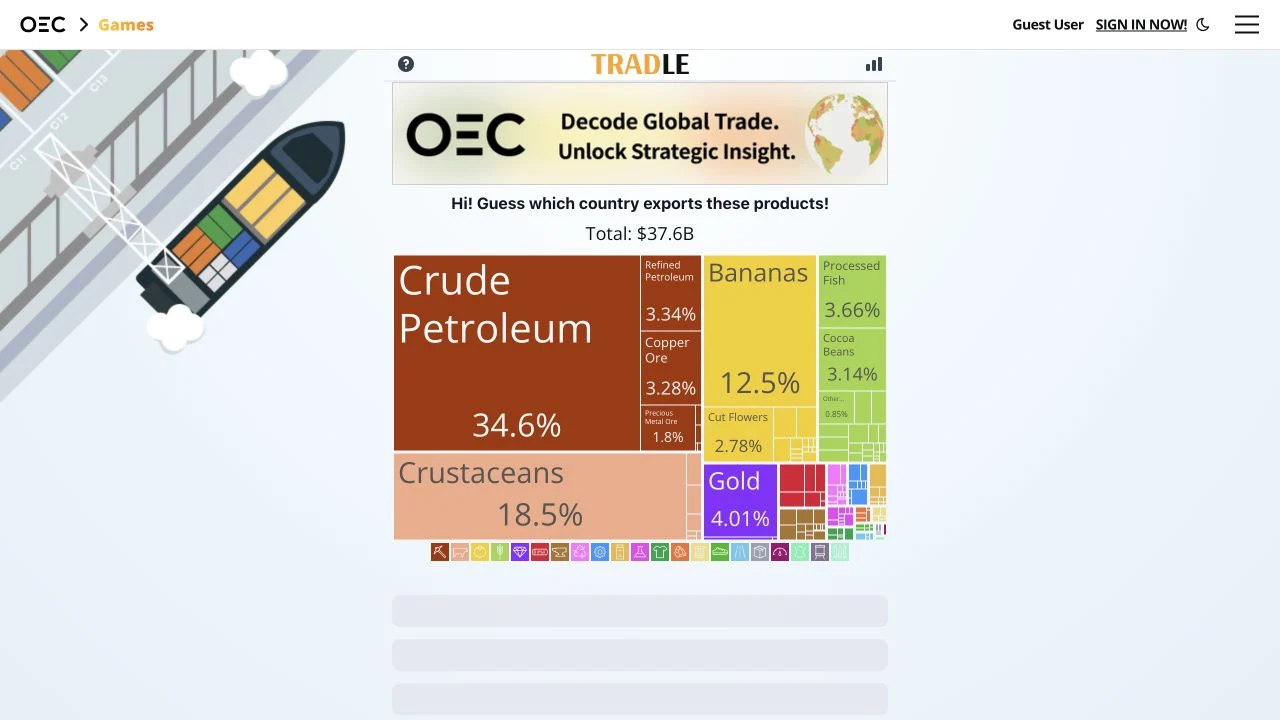 Tradle — loaded tradle export treemap showing product shares, total exports and guest game entry