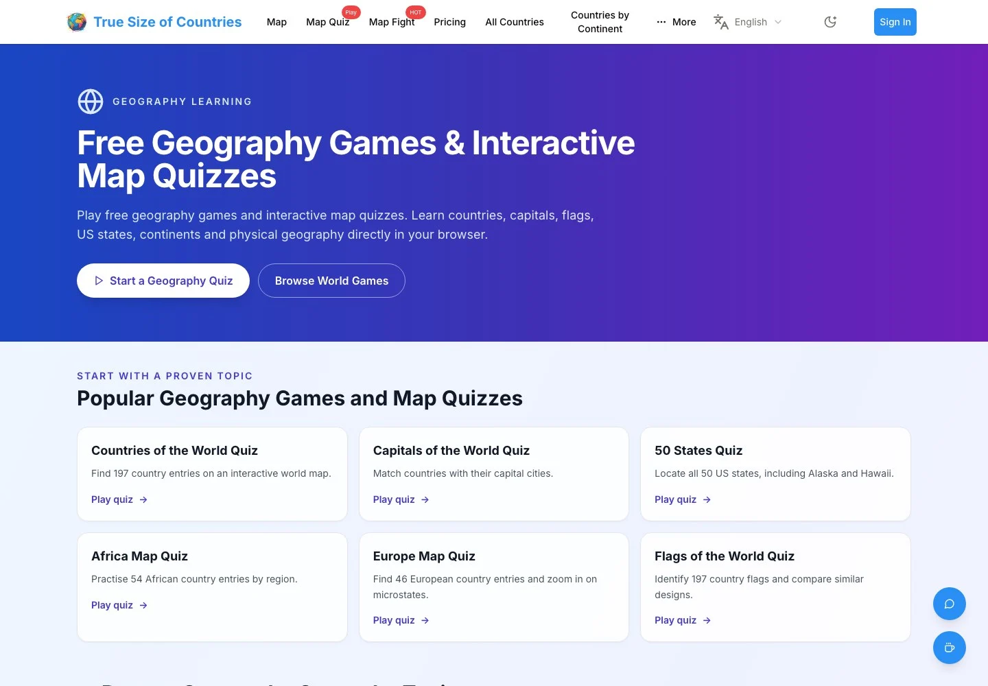 True Size of Countries Map Quiz — public game interface or activity-selection entry for true size of countries map quiz